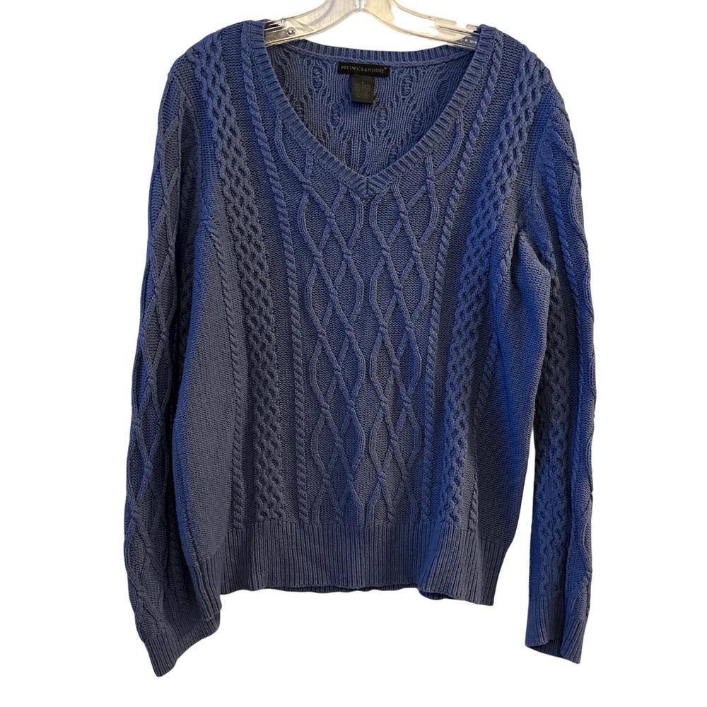 Preswick & Moore Womens Blue Cable Knit V Neck Sweater Size L Cotton Blend